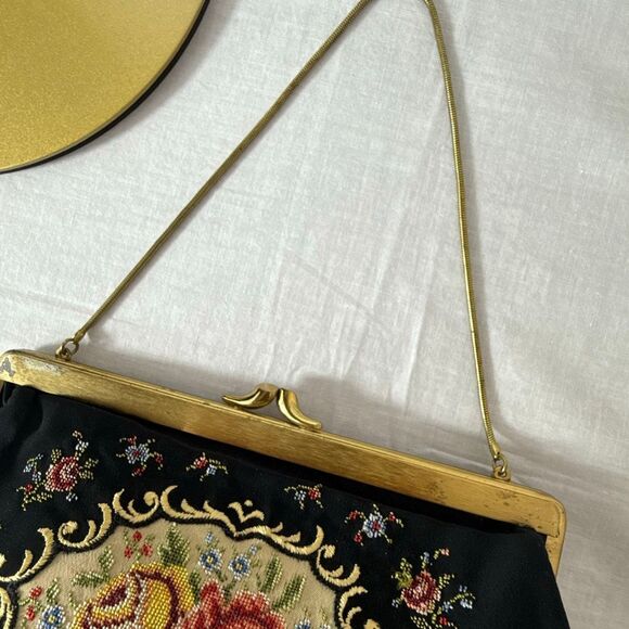 Vintage Golden Sachet West Germany Needlepoint Purse | 1950s–60s Floral Tapestry - Picture 10 of 16